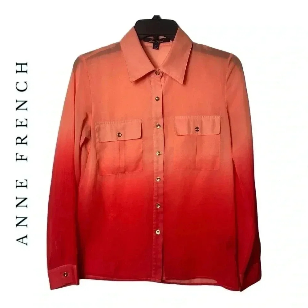 1465.‎ ANNE FRENCH SHEER BUTTON UP TOP OMBRE PATTERN ORANGE IN COLOR SIZE SMALL